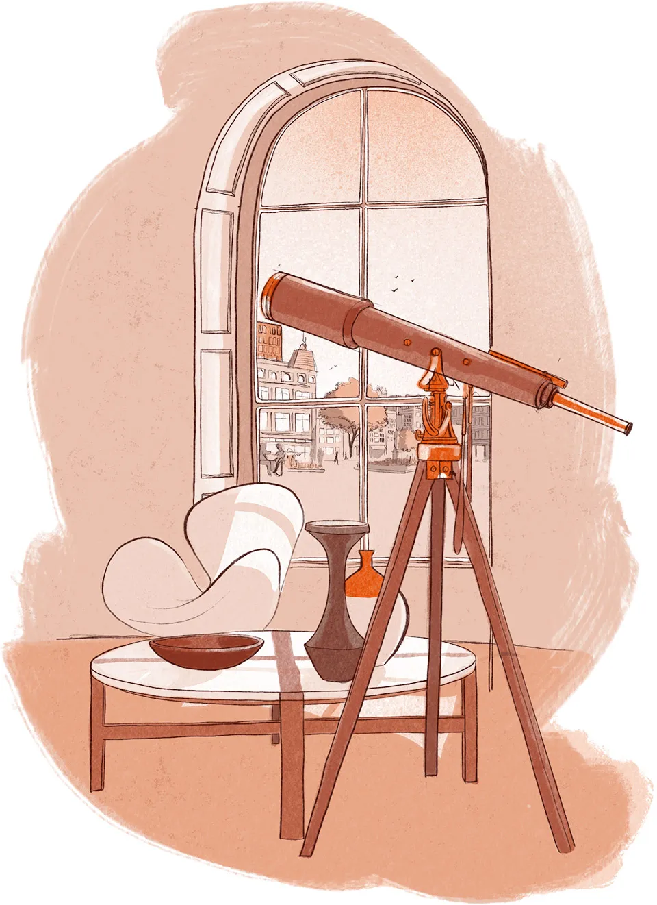 Illustration of a vintage telescope on a tripod by a large arched window overlooking a cityscape, next to a modern chair and a coffee table with decorative vases.