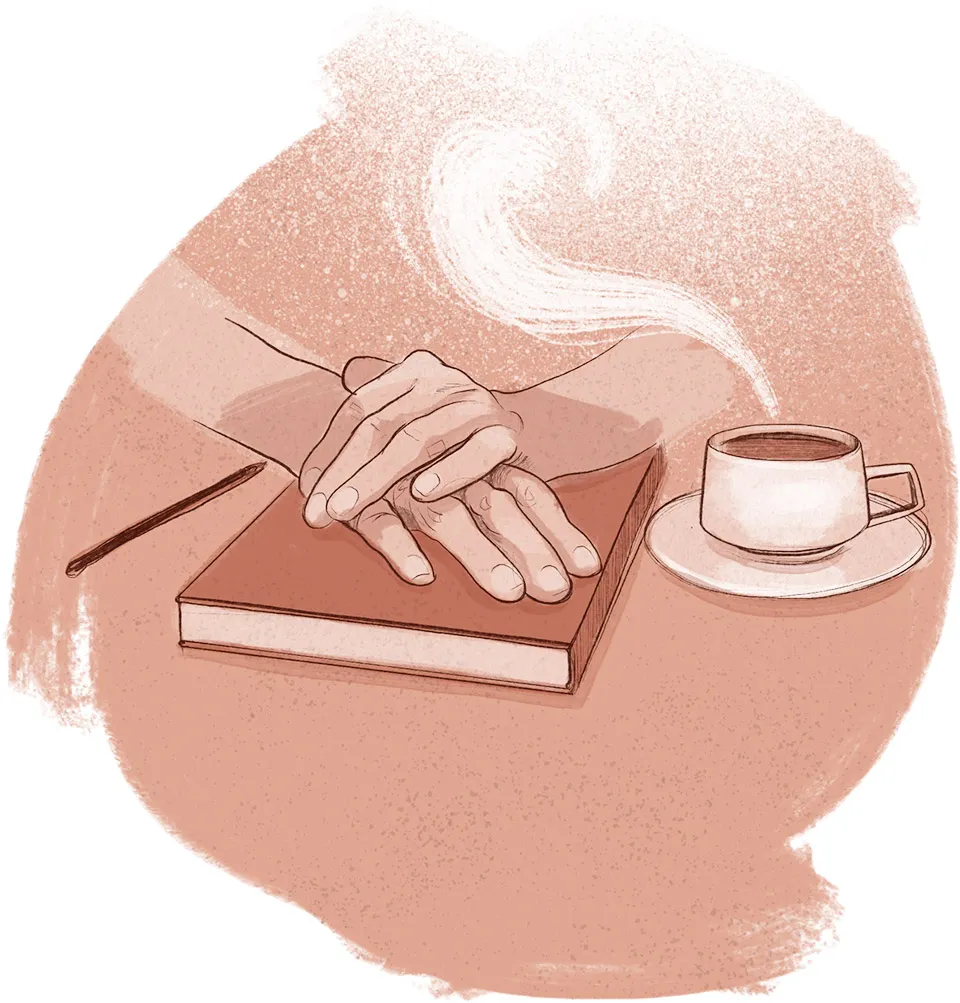 Illustration of two hands resting on a closed book beside a steaming cup of coffee on a table.