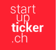 Red square with white text 'startup ticker .ch' in a stacked layout.