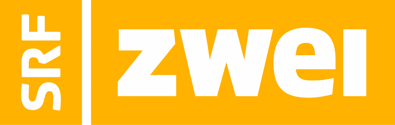 SRF zwei logo with white text on an orange background separated by a vertical black line.