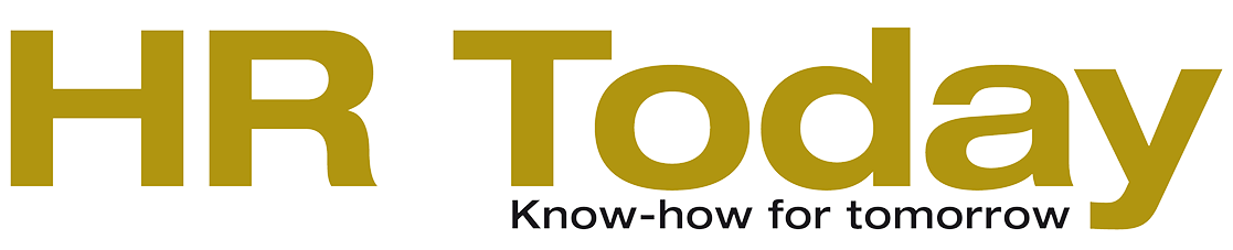 Gold text HR Today with black slogan Know-how for tomorrow below on white background.