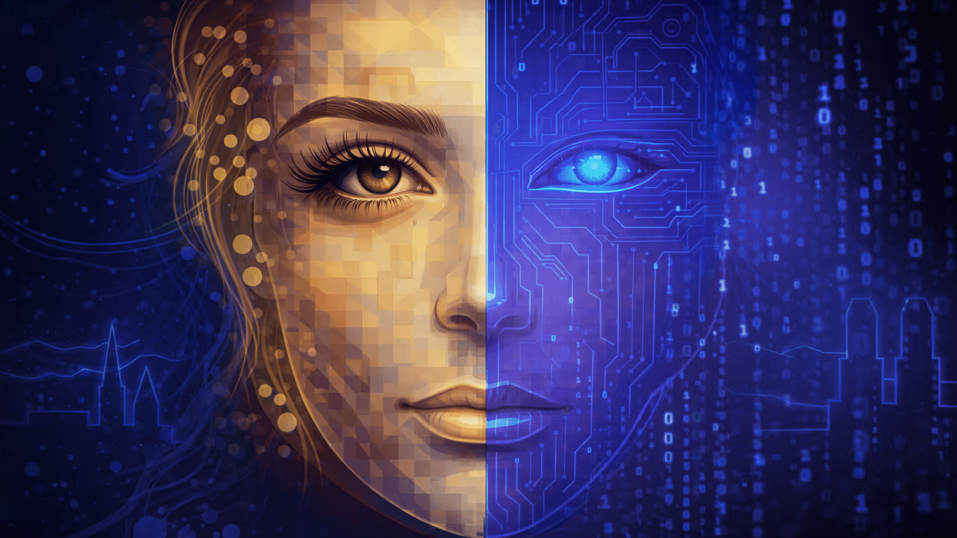 Half human, half digital face split in gold and blue with circuit patterns and binary code.