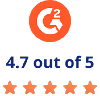 G2 logo with 4.7 out of 5 rating and five orange stars below it.