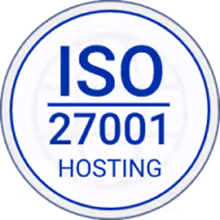 Circular badge with text ISO 27001 Hosting in blue inside a double blue ring.