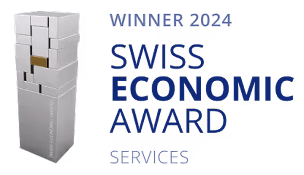 Trophy image with text: Winner 2024 Swiss Economic Award Services.