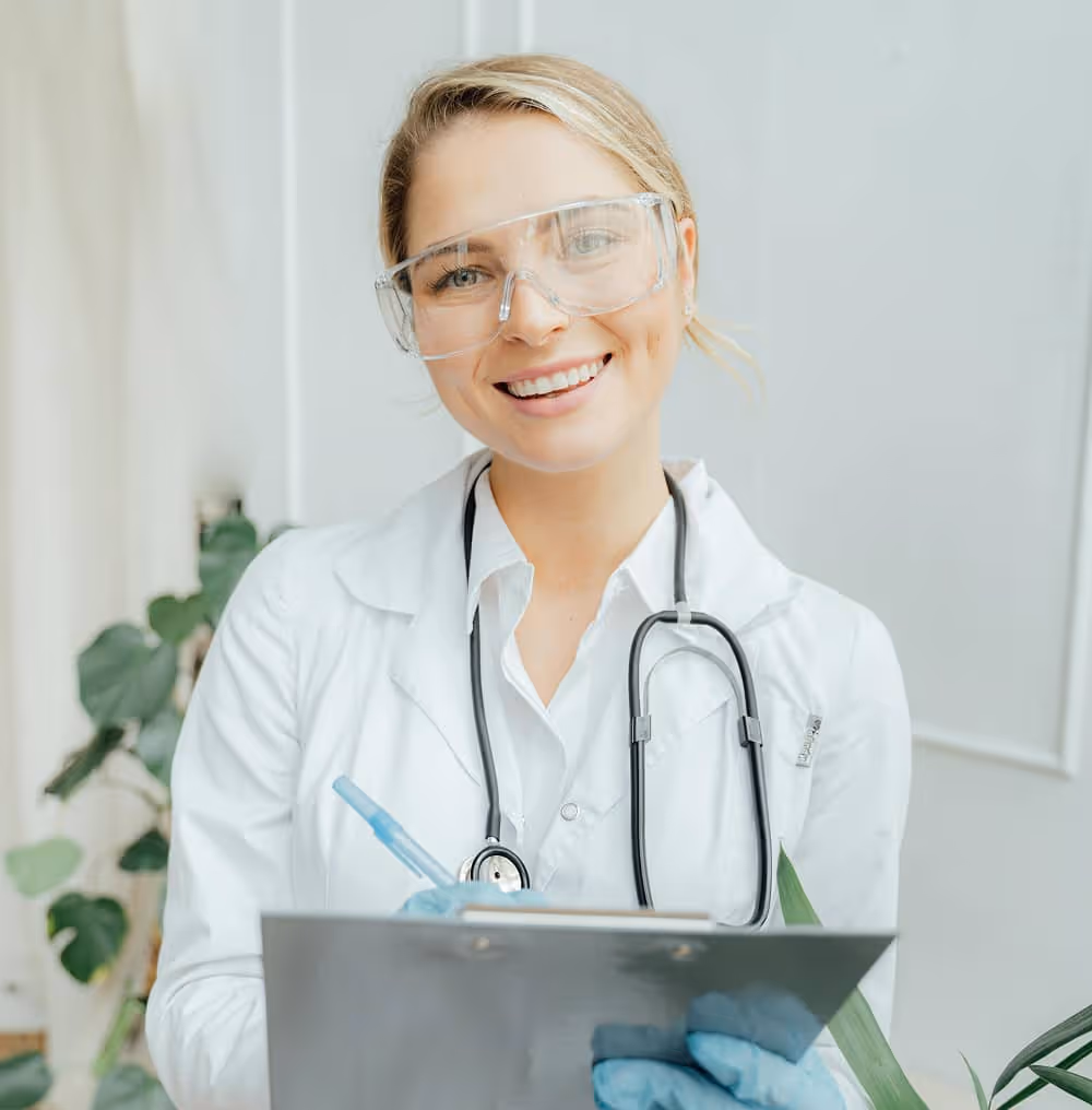 Smiling female healthcare worker wearing protective glasses and gloves holding a clipboard and pen.