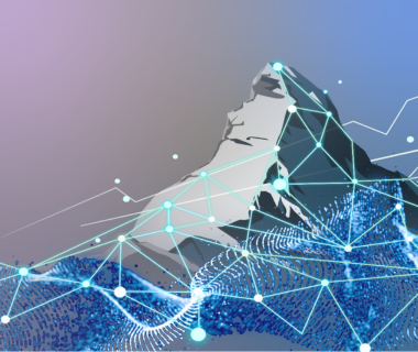 Digital mountain with interconnected glowing blue and white nodes and mesh lines over waves.