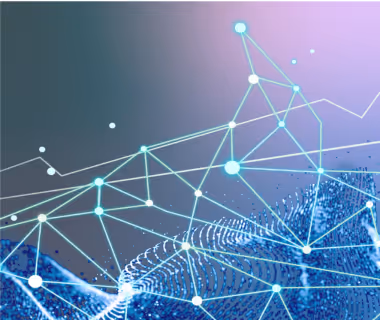 Abstract digital network with glowing nodes connected by lines over a blue wave pattern on purple background.