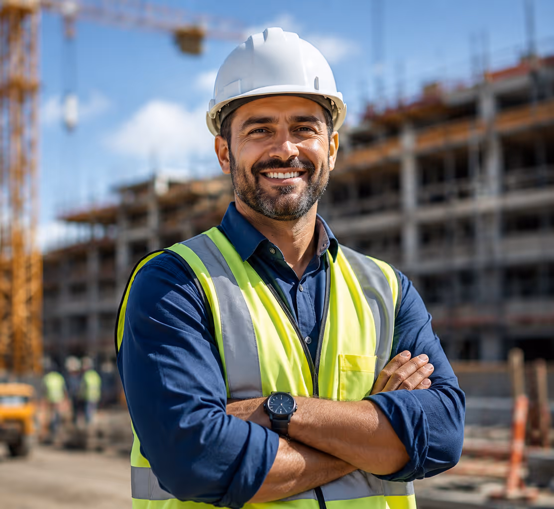 Smiling male construction worker in white hard hat and yellow safety vest at a building site.