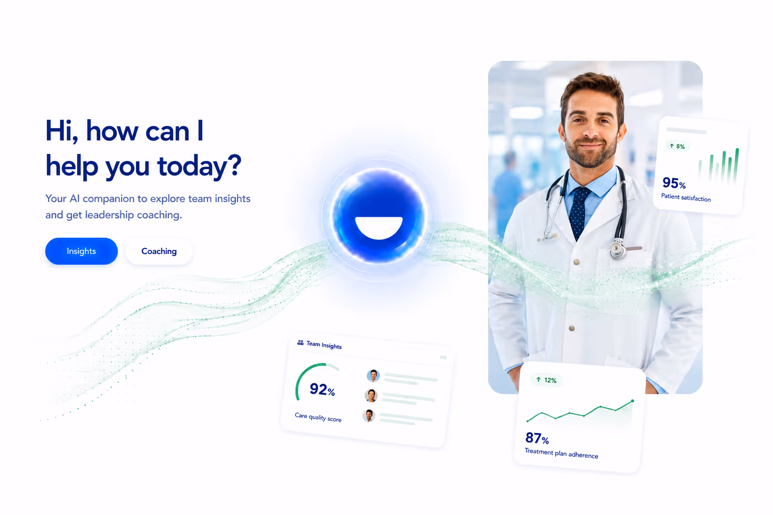 Smiling male doctor in white coat with stethoscope and healthcare AI data insights graphics.