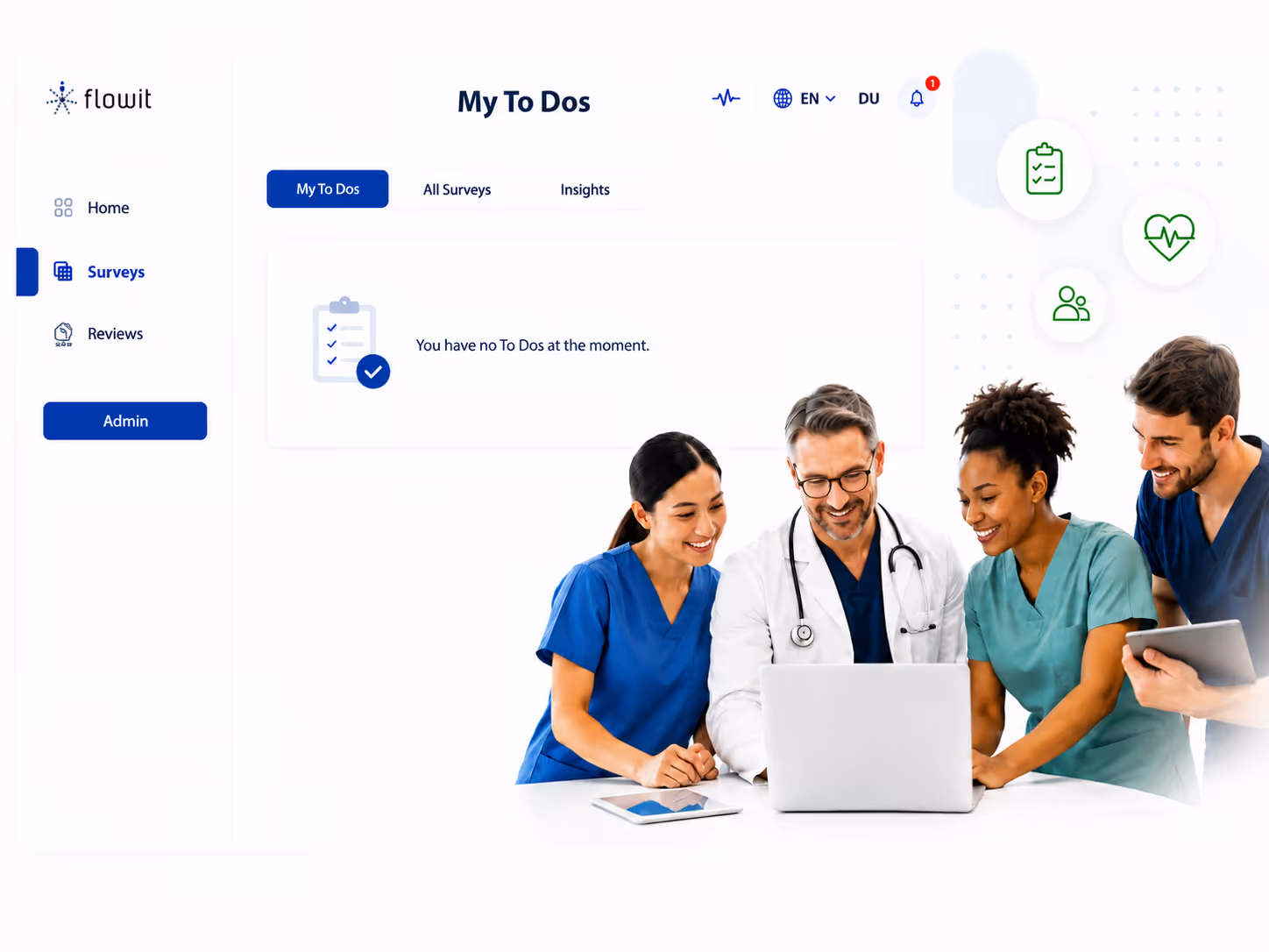 Four medical professionals smiling and looking at a laptop in a healthcare app interface showing no to dos.