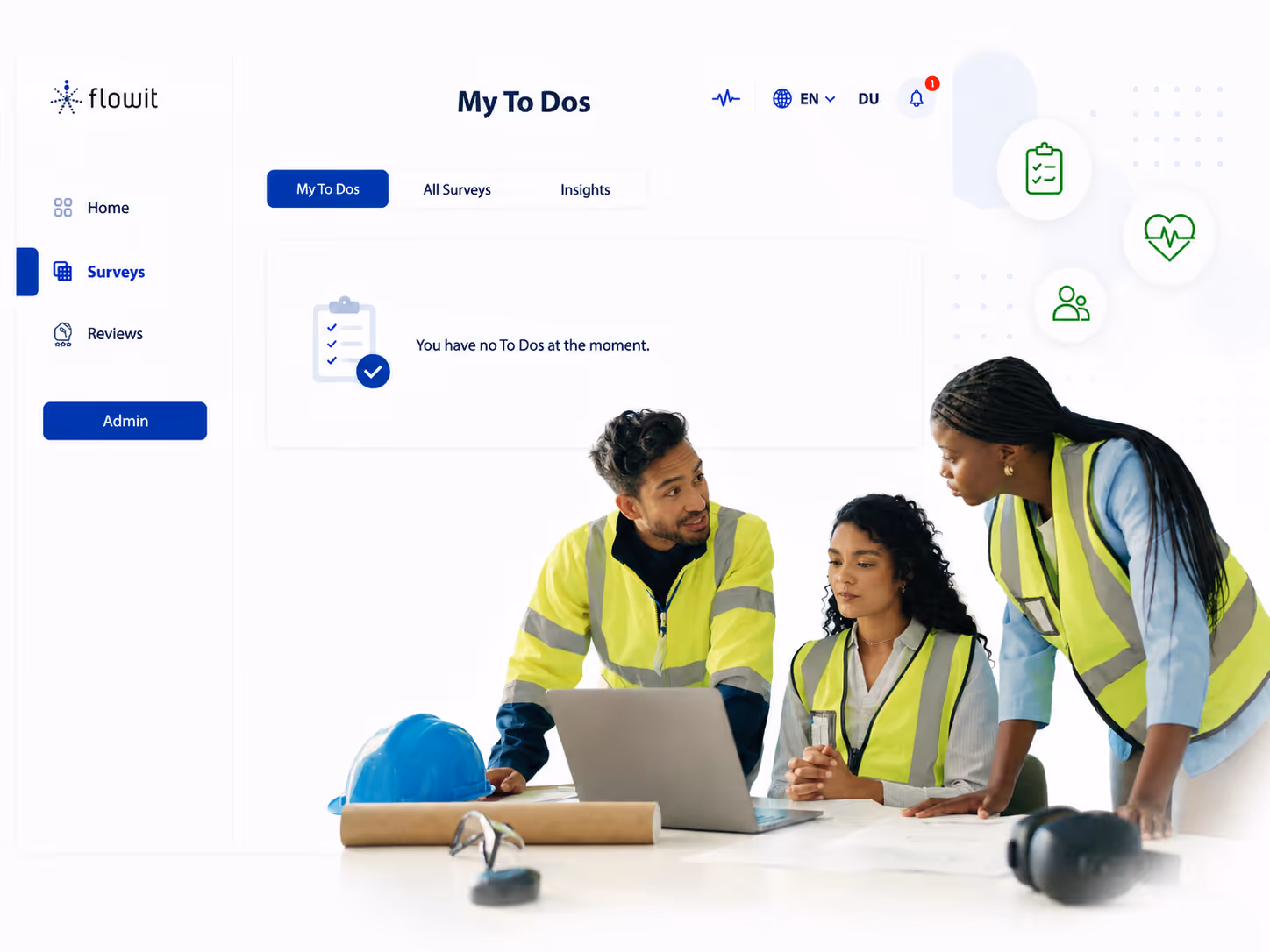 Three construction workers in safety vests discuss plans at a table with a laptop and blue helmet.