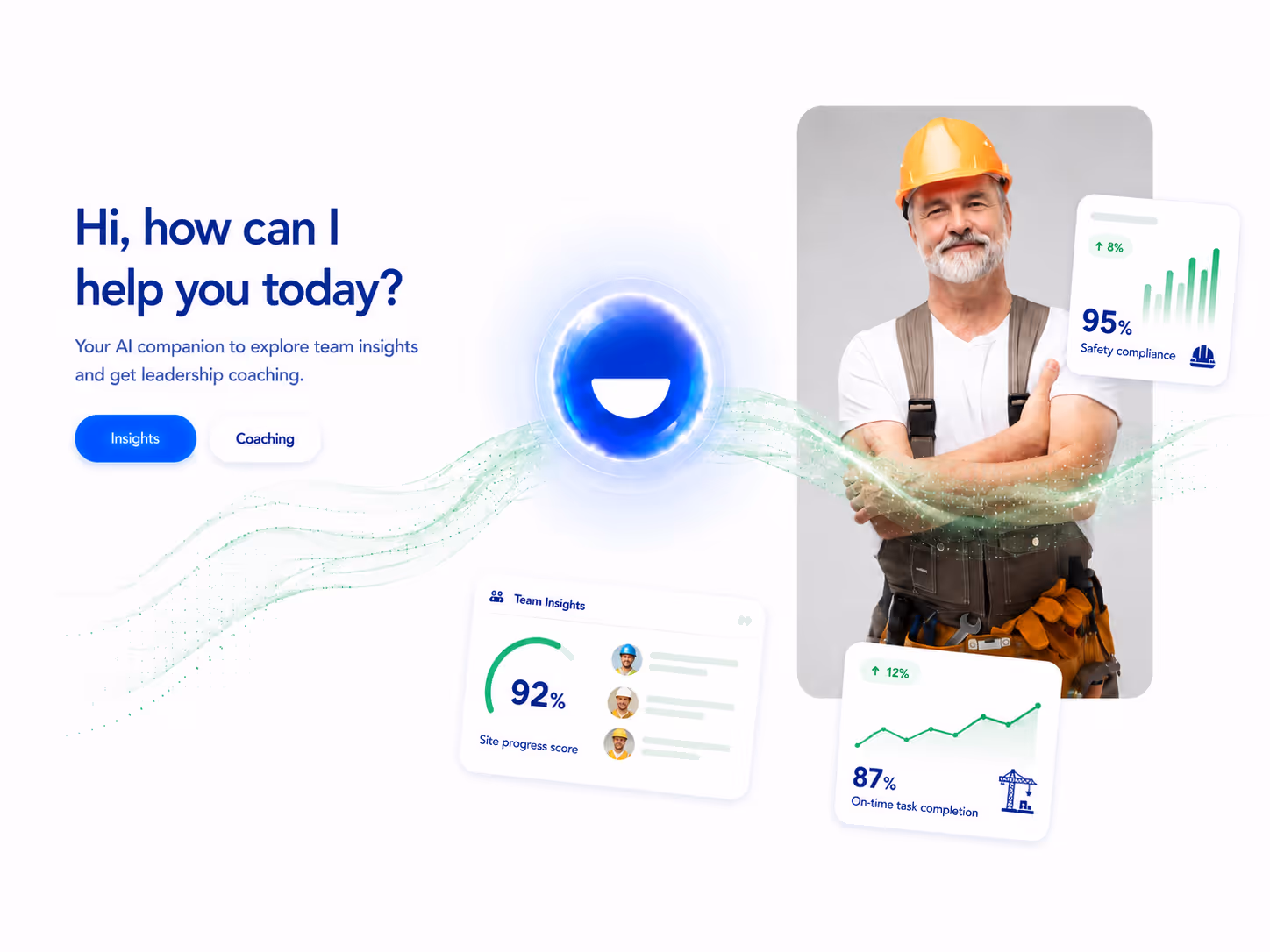 Older construction worker in helmet with AI interface showing safety, progress, and task stats.