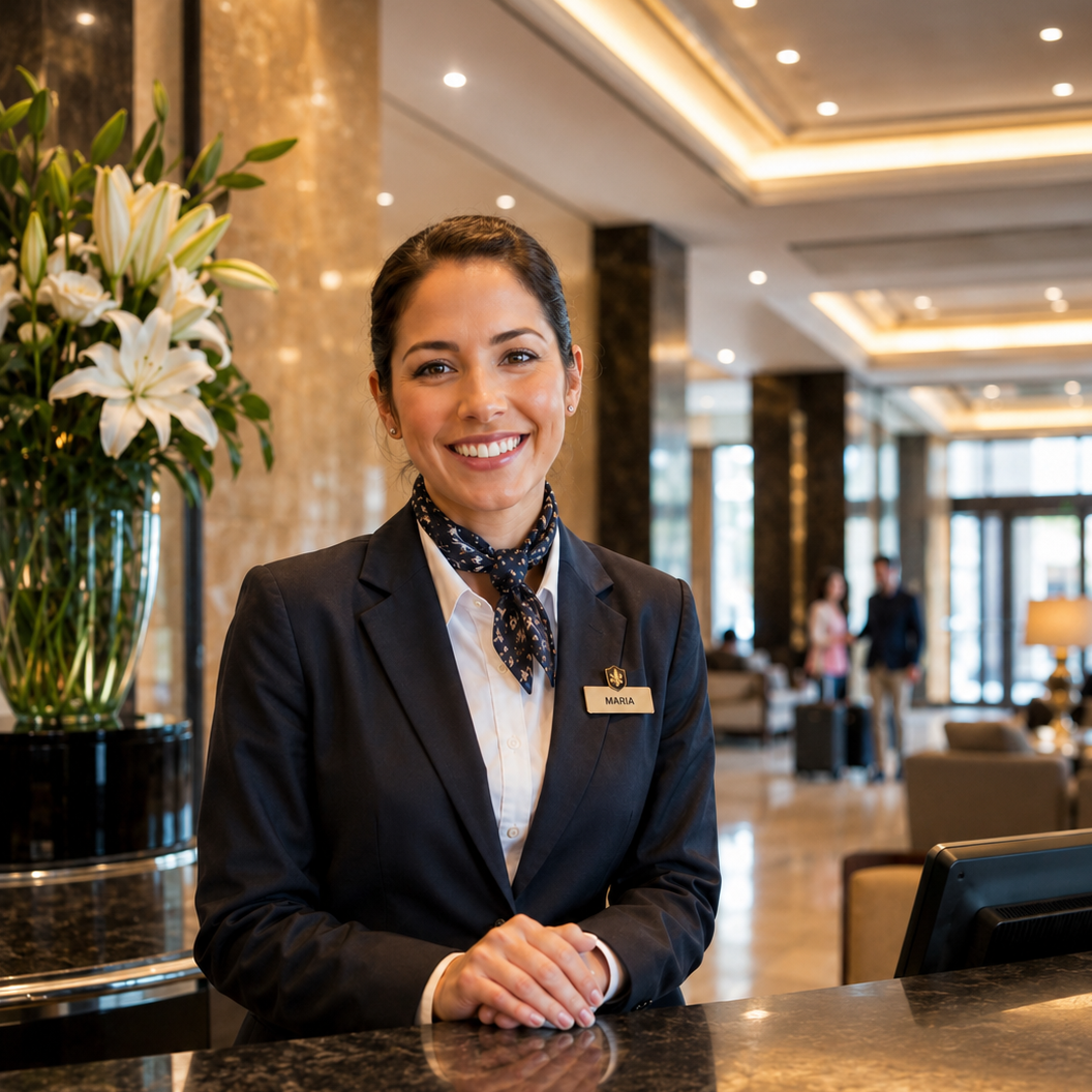 Smiling hotel receptionist named Maria stands behind a marble front desk in a bright lobby.