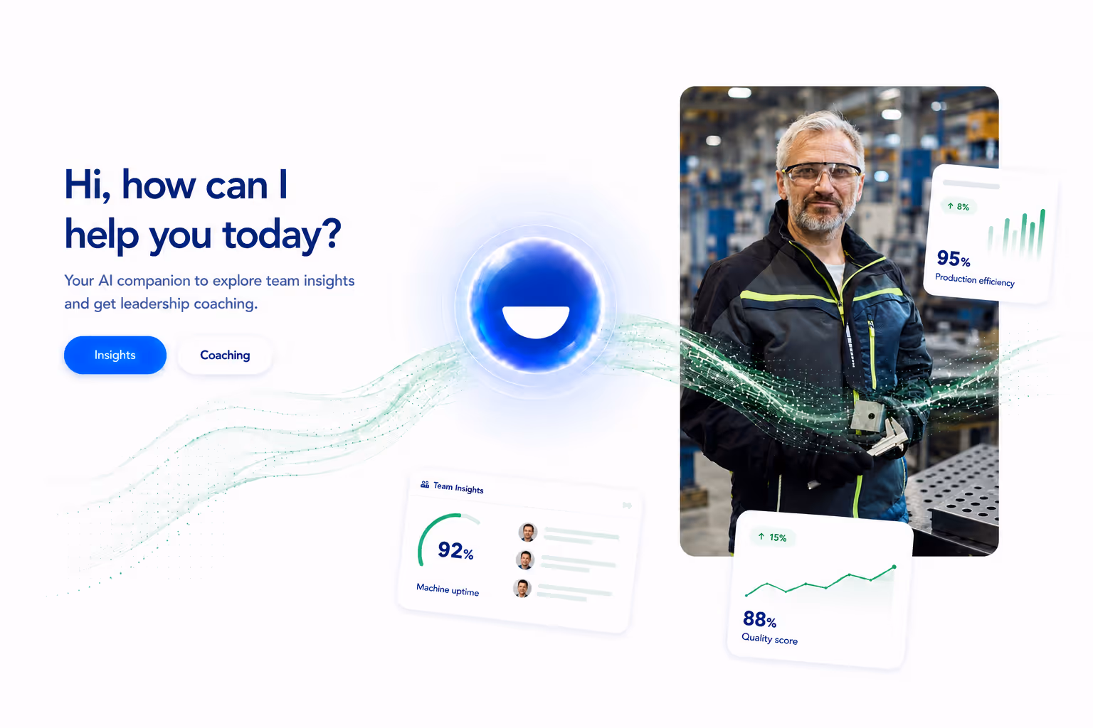 AI interface offering insights and coaching with a factory worker and production stats in an industrial setting.
