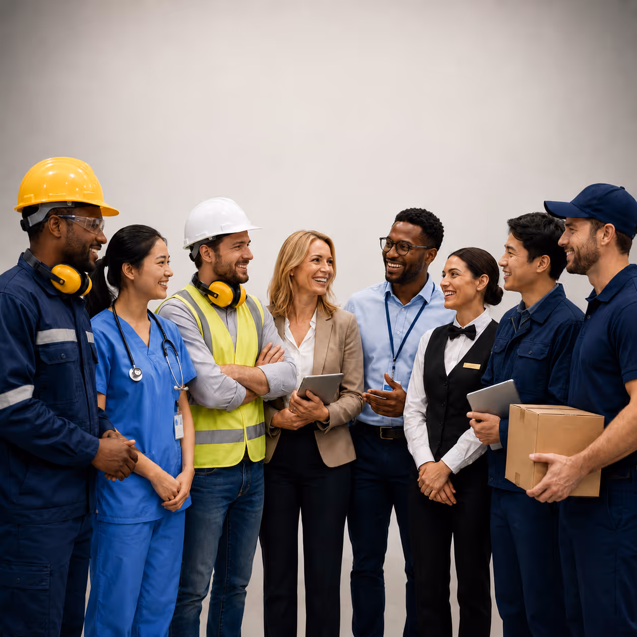 Diverse group of professionals from various industries smiling and talking together.