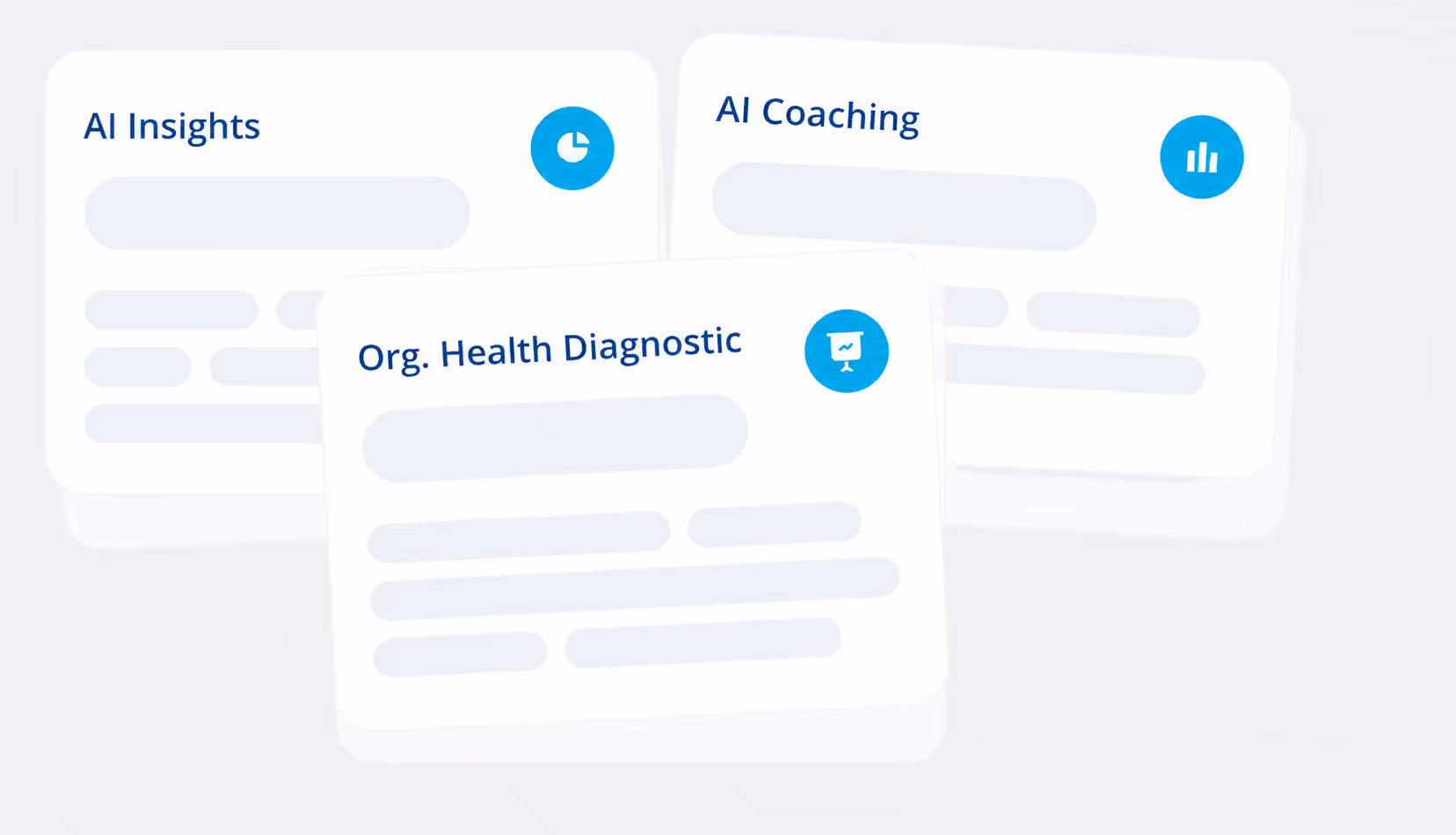 Cards labeled AI Insights, AI Coaching, and Org. Health Diagnostic with icons and placeholder text.