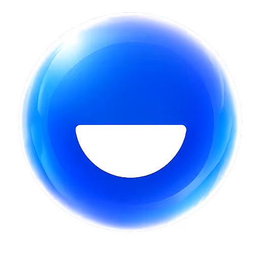 Glossy blue circular shape with a black semi-circle cut out in the center resembling a smile.
