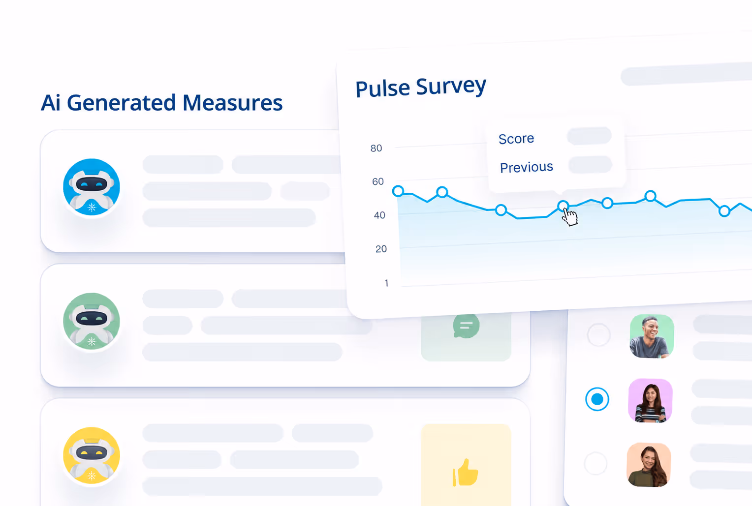 Interface showing AI-generated measures with robot icons and a pulse survey line graph with score and previous values.