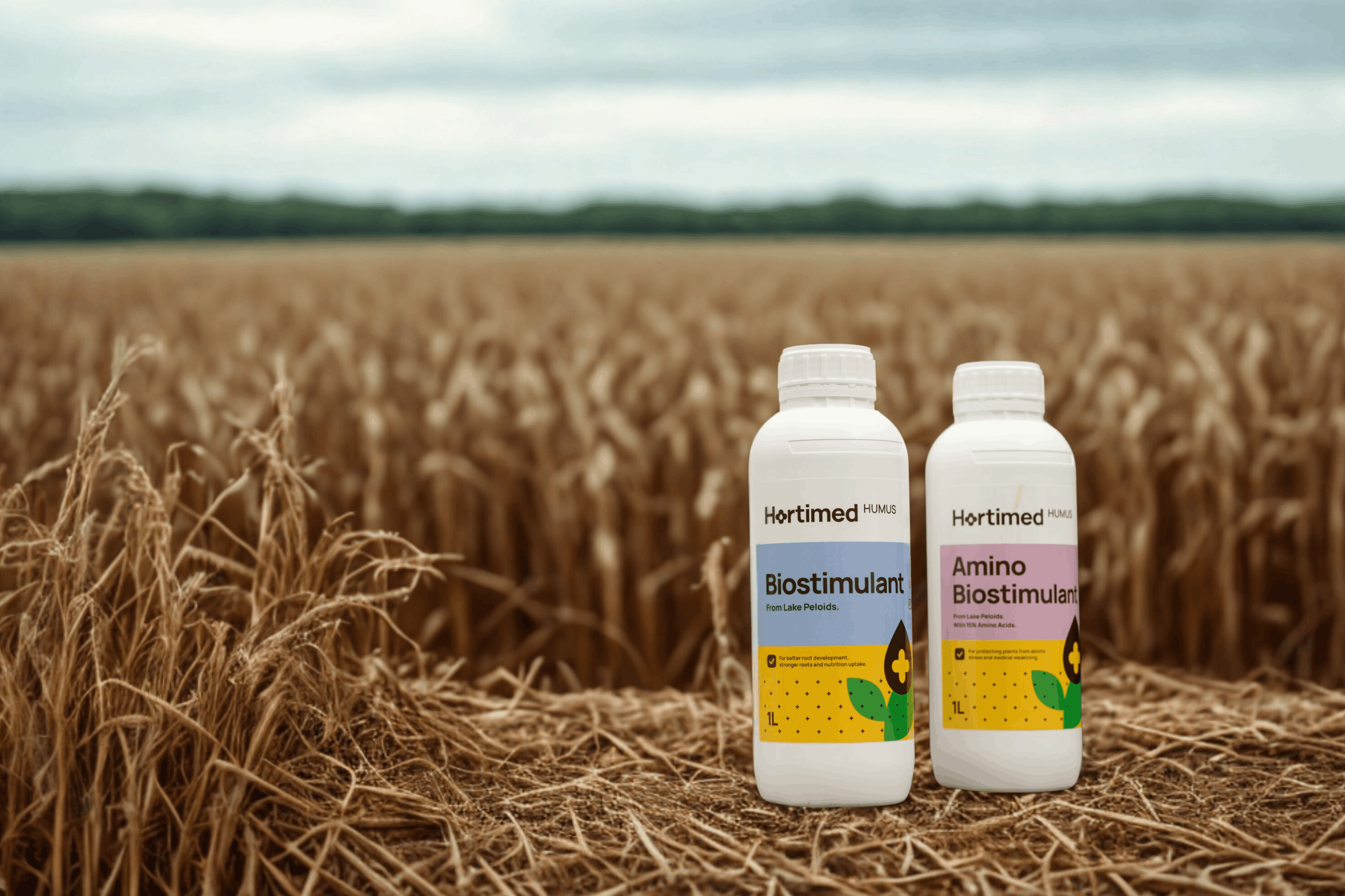 Two bottles of Hortimed Humus biostimulant products placed on dry wheat stalks in a field.