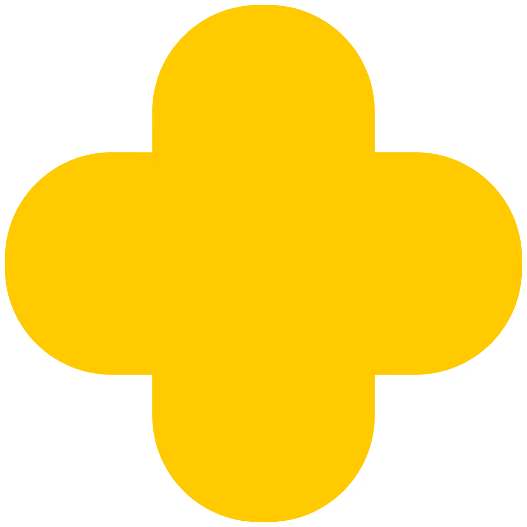 Yellow rounded plus symbol with curved edges on a white background.