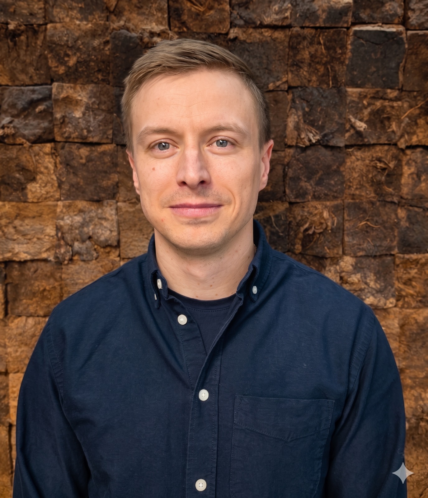 Young man with short blond hair wearing a navy blue button-up shirt standing against a textured brown stone wall.