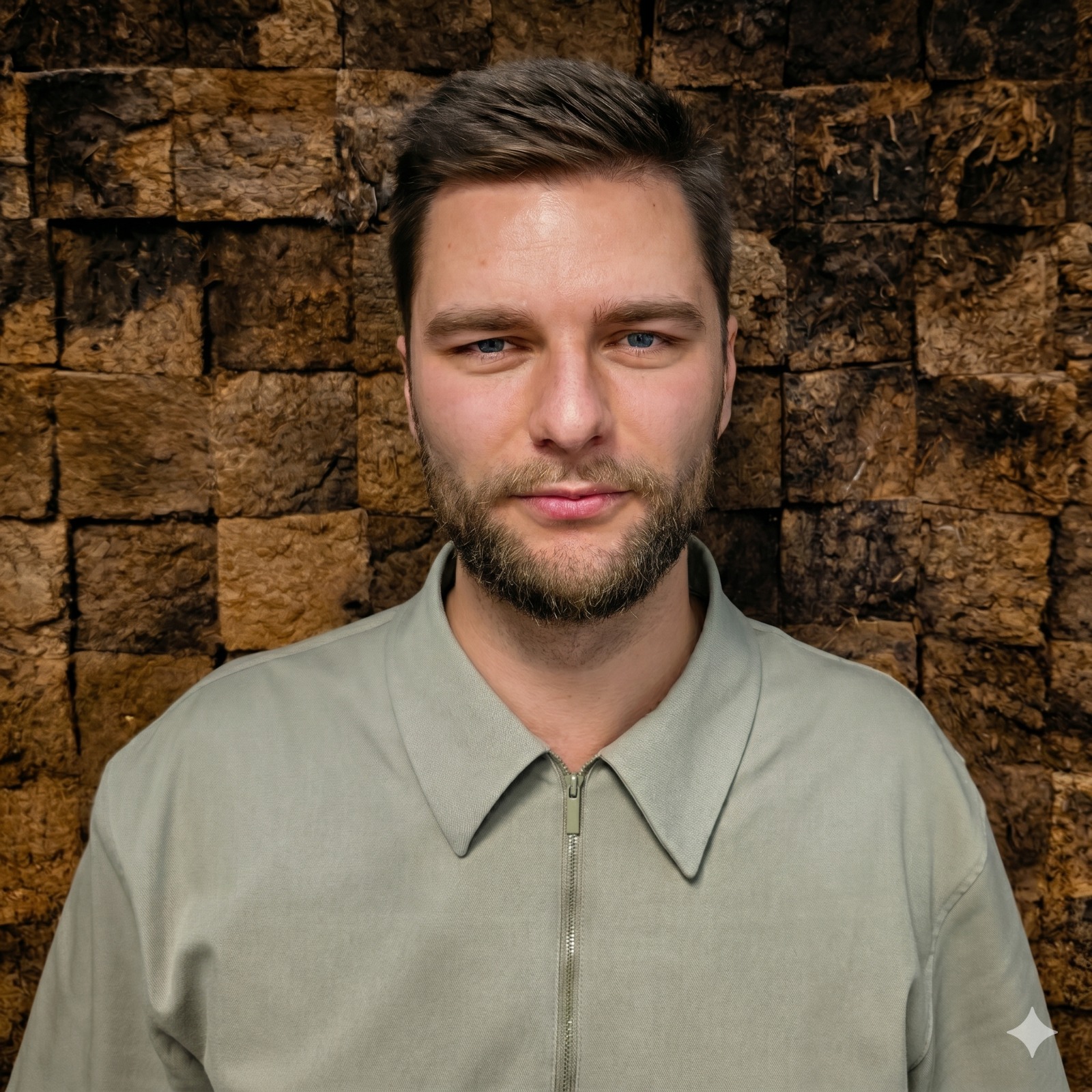 Portrait of a man with short brown hair and beard wearing a light green zip-up jacket in front of a textured brown wall.