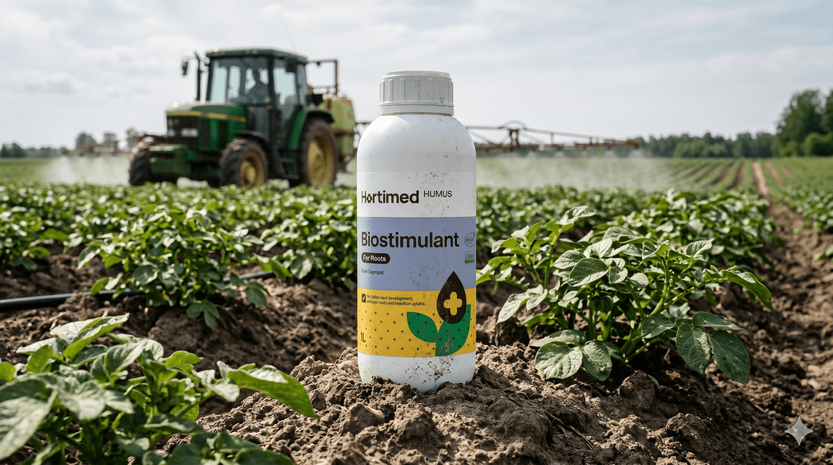 Bottle of Hortimed Humus Biostimulant placed on soil in a farm field with green plants and tractor spraying in background.