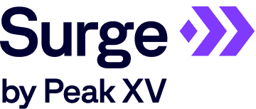 Surge by Peak XV logo with two purple arrows pointing right.
