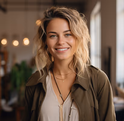 Smiling woman with wavy blonde hair wearing layered necklaces and an olive jacket in a softly lit indoor setting.