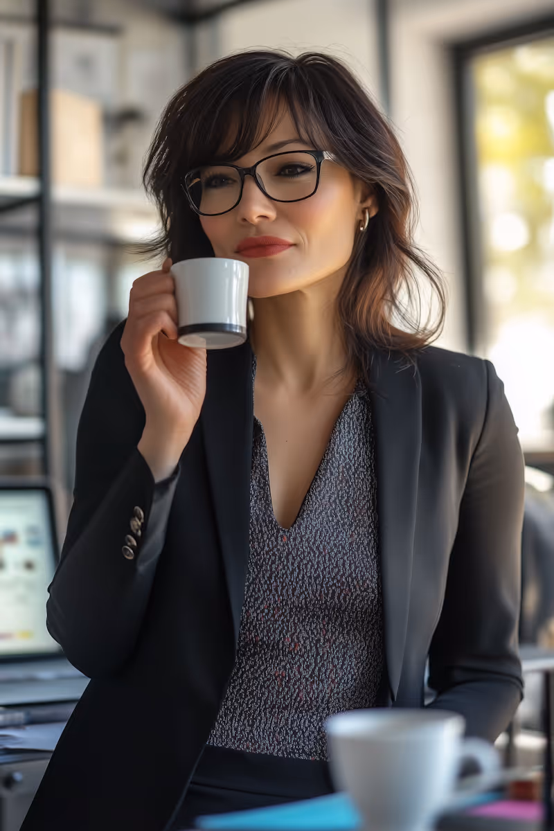 Woman with glasses in a black blazer enjoying a cup of coffee in an office setting.