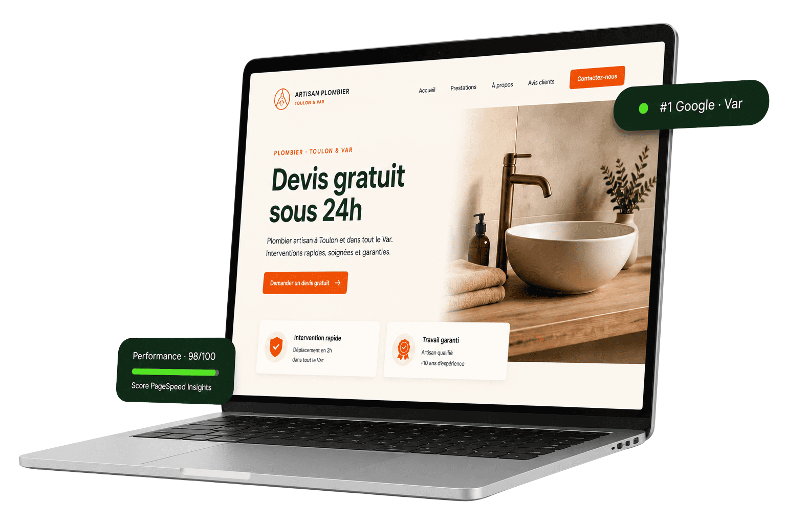 Site vitrine Webflow pour artisan plombier à Toulon en PACA, avec fiche Google Business intégrée
