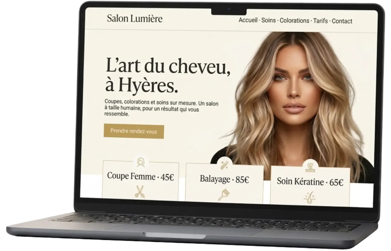 Exemple de site vitrine élégant créé sur Webflow pour un salon de coiffure à Hyères dans le Var.