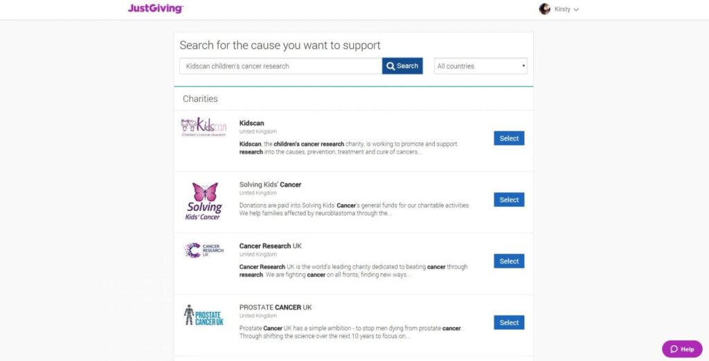Just Giving Charity Selection