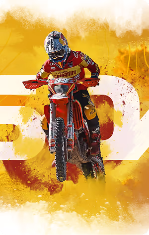 Motocross rider in red gear jumping on a dirt bike with a yellow background.