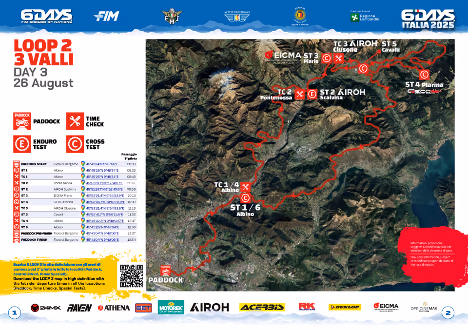 Map of Loop 2 race route with 3 valleys, marked paddock, time checks, and enduro/cross tests on August 26.