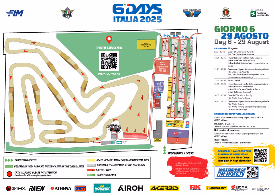 Map of 6 Days Italia 2025 track, Covo MX area, spectator and pedestrian access, and day 6 event schedule.