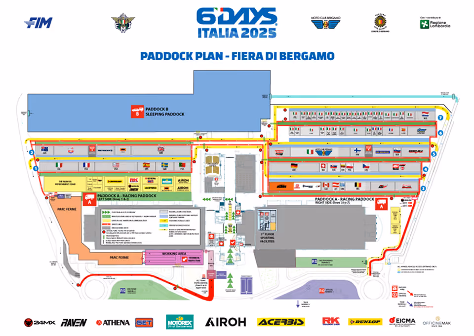 Map of the 6 Days Italia 2025 paddock plan at Fiera di Bergamo with labeled racing and sleeping areas.