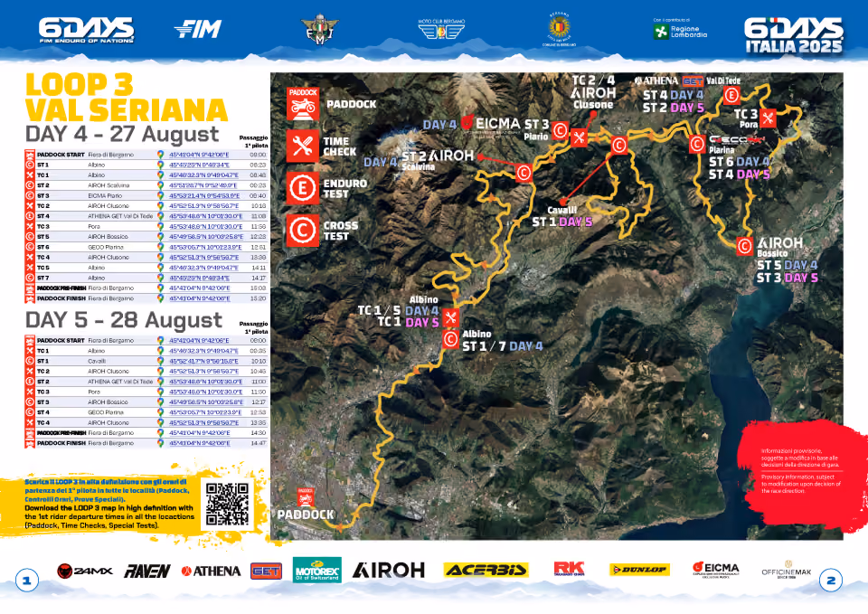 Map of 6 Days Italia 2025 Loop 3 Val Seriana with route, checkpoints, and event details for Aug 27-28.
