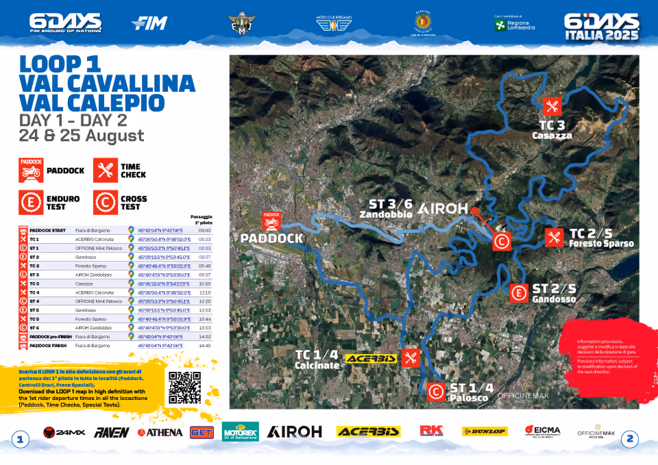 Map of 6 Days Italia 2025 Loop 1 race route with labeled checkpoints and paddock in Val Cavallina-Val Calepio.