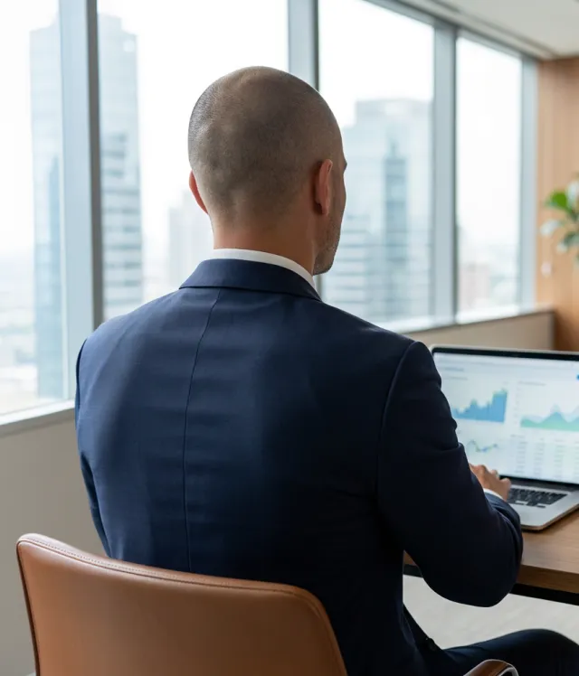 Businessman in a navy suit seated at a desk working on a laptop displaying charts in a modern office with large windows and cityscape view.