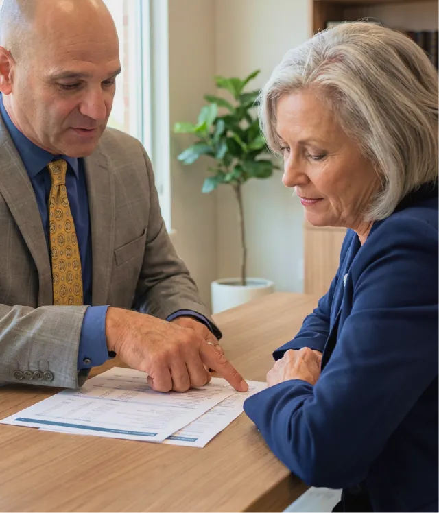 A bald man in a gray suit and yellow tie explaining documents to a woman with gray hair wearing a blue blazer at a wooden desk.