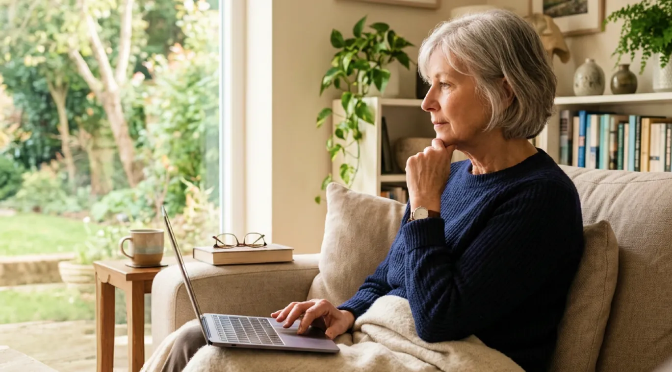 Older woman sitting on a couch using a laptop, looking thoughtfully out a window with greenery outside.