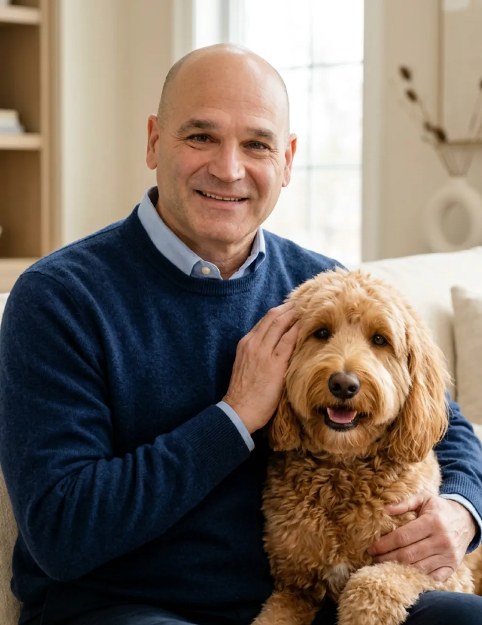 Smiling middle-aged man in blue sweater sitting on a couch with a happy brown curly-haired dog.