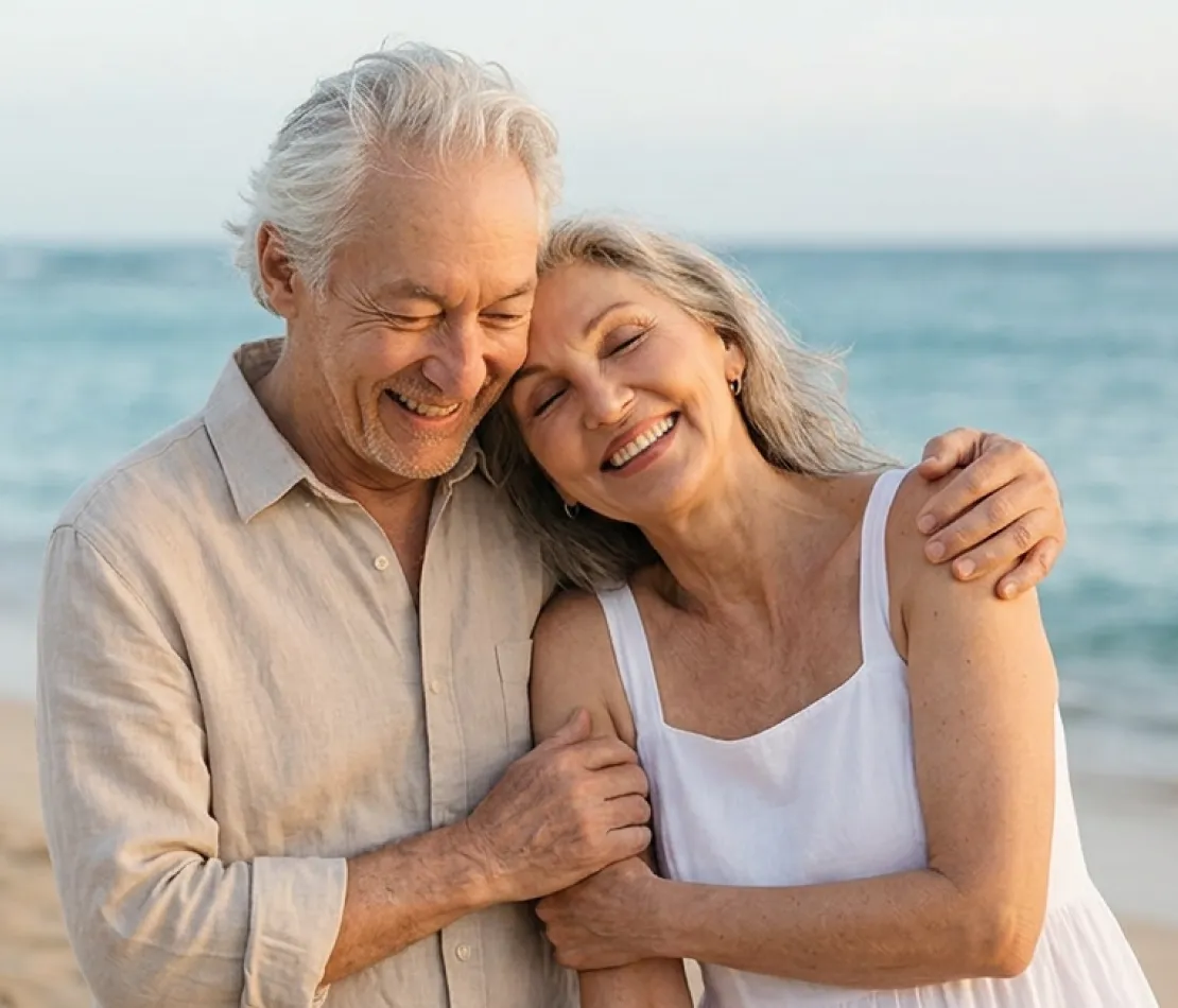Smiling elderly couple embracing by the beach with ocean in the background.