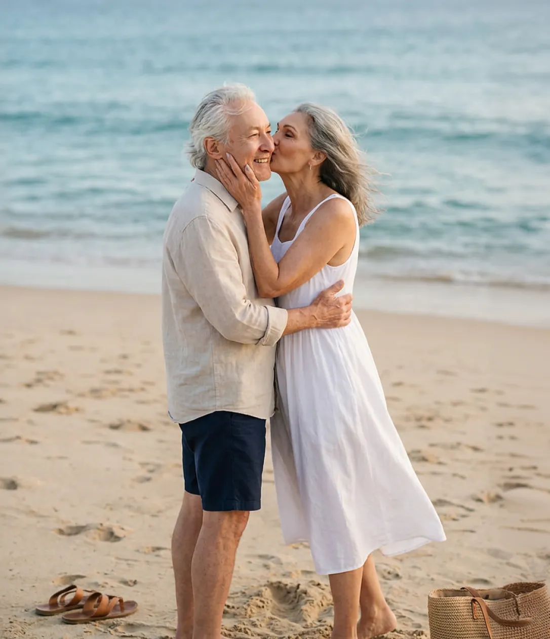 Older couple embracing on a sandy beach with woman kissing man on the cheek near the ocean.