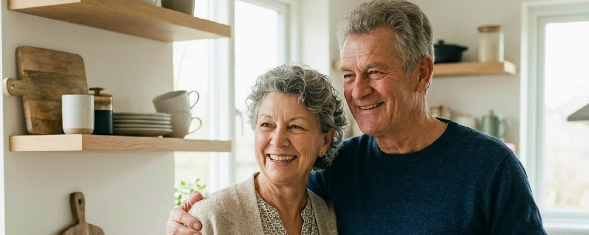 Smiling elderly couple embracing in a bright kitchen with wooden shelves and kitchenware.