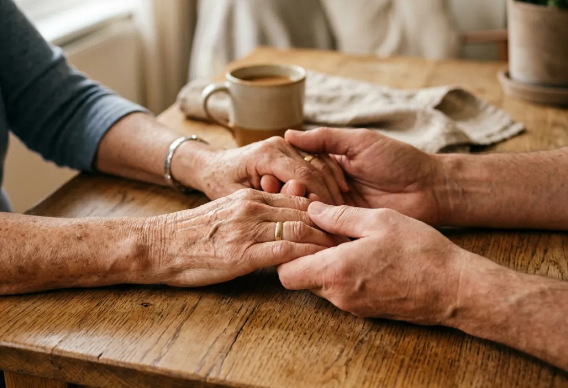 Elderly couple holding hands across a wooden table with a coffee cup in the background.