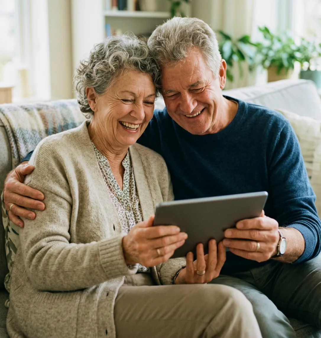 Smiling elderly couple sitting on a couch together looking at a tablet.