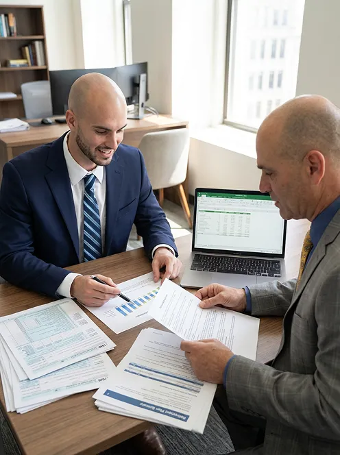 Two businessmen in suits discussing financial documents and charts at an office desk with a laptop displaying a spreadsheet.